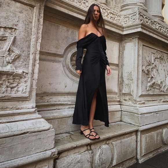 Self-Portrait Dresses & Skirts - SELF-PORTRAIT Satin Off-the-Shoulder Long-Sleeve Dress w/Tags